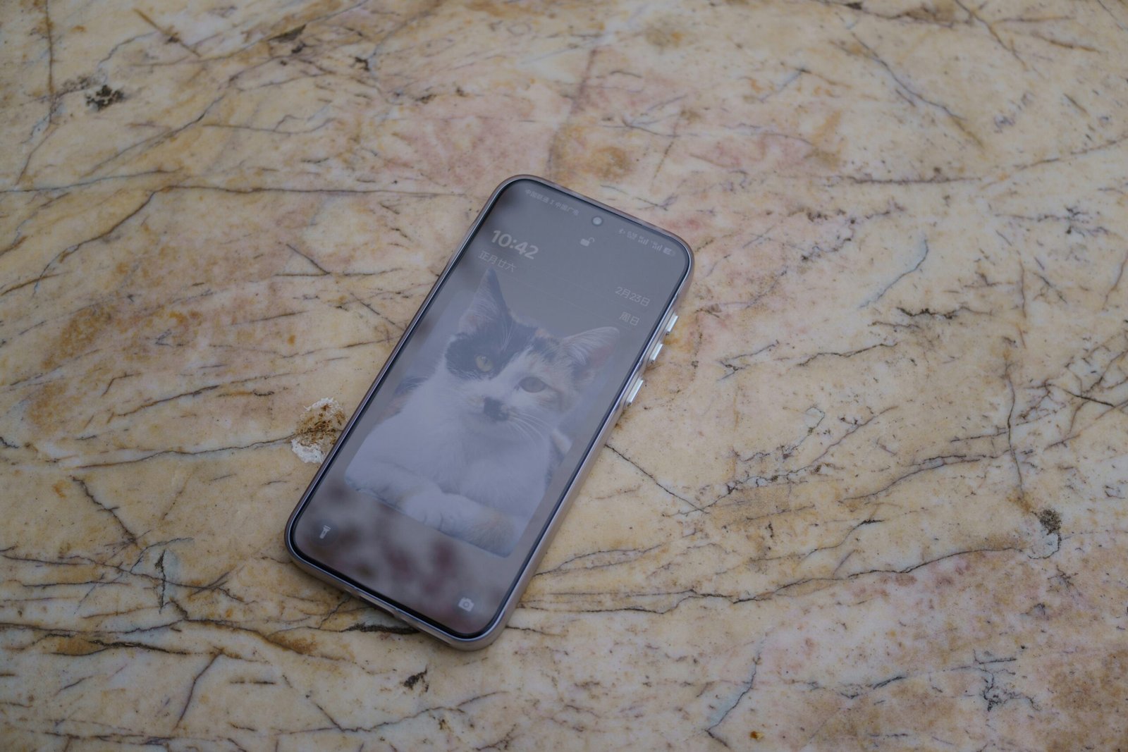 Smartphone with a cat screen on marble.