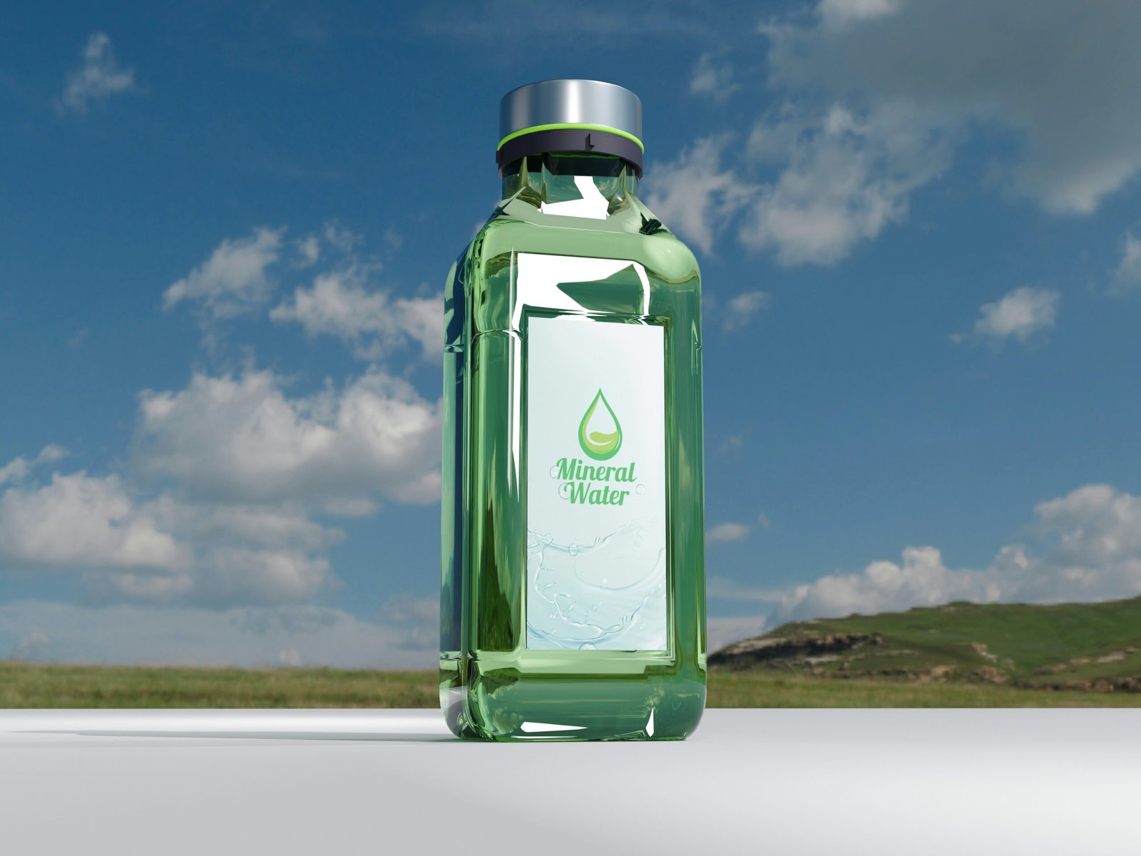 A bottle of mineral water against a cloudy sky.