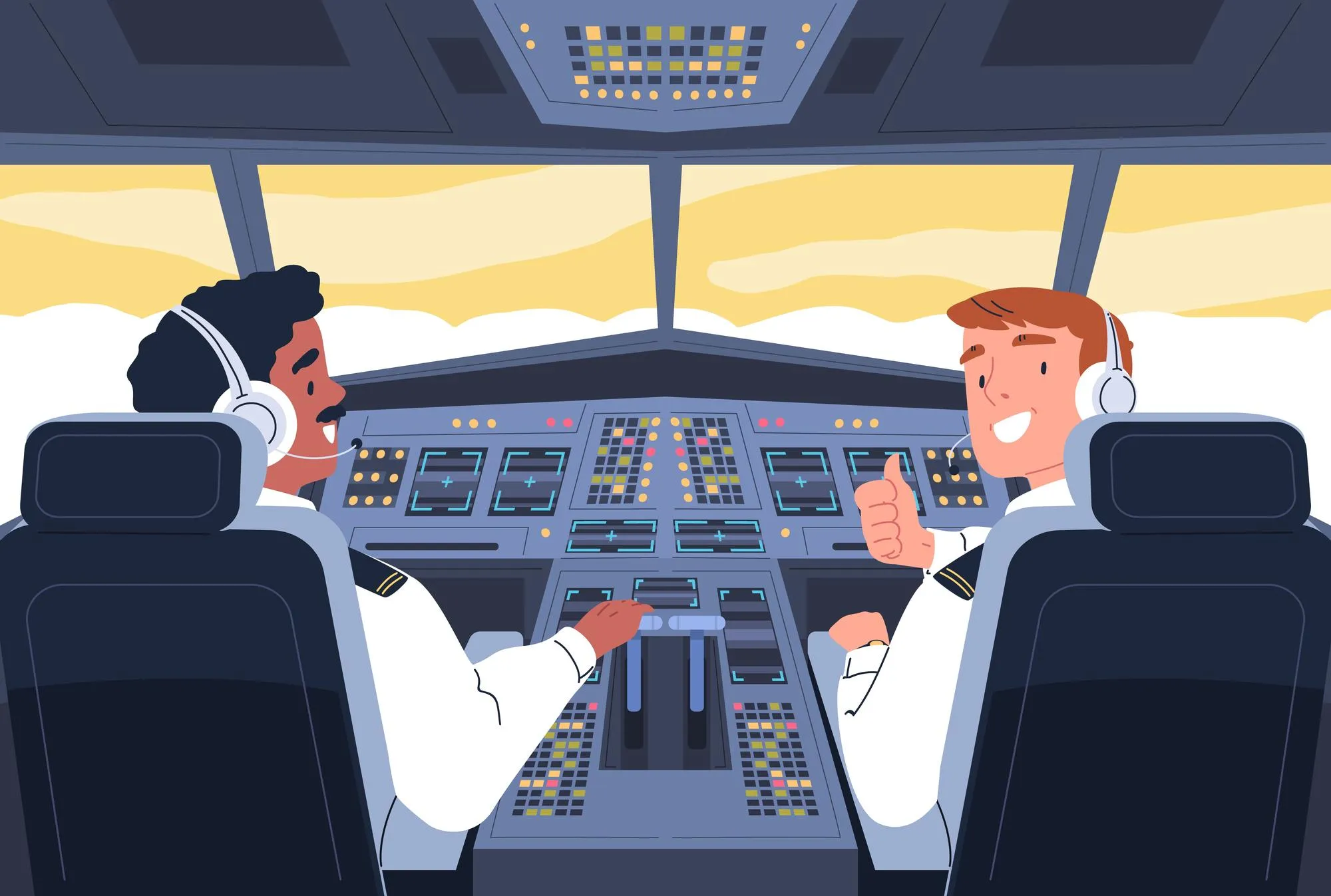 Airplane cockpit Aviation crew inside aircraft cabin pilot and plane captain control monitoring flight navigation panel two aviators on chair in jet