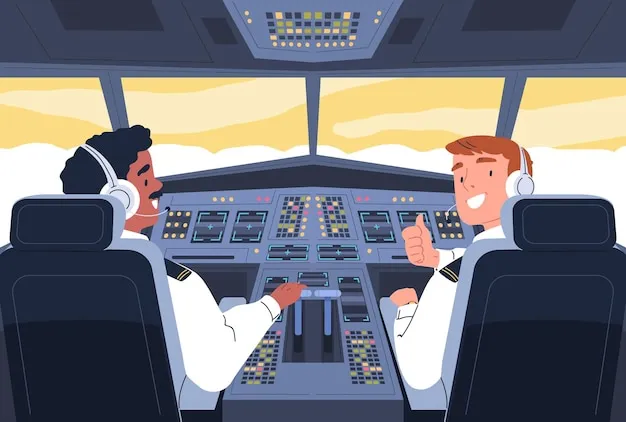 Airplane cockpit Aviation crew inside aircraft cabin pilot and plane captain control monitoring flight navigation panel two aviators on chair in jet