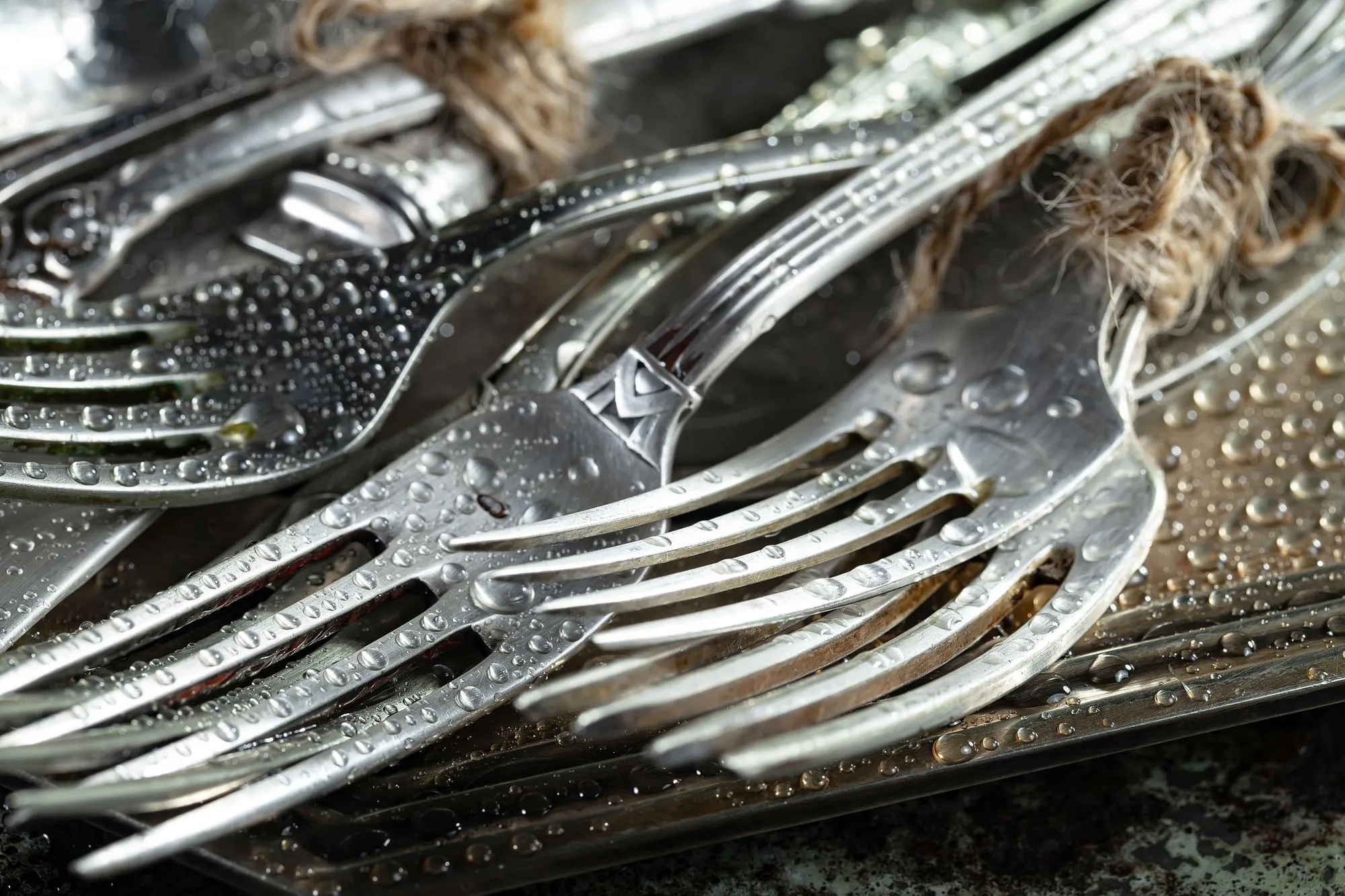 Antique silver cutlery on a dark background in a composition on a table
