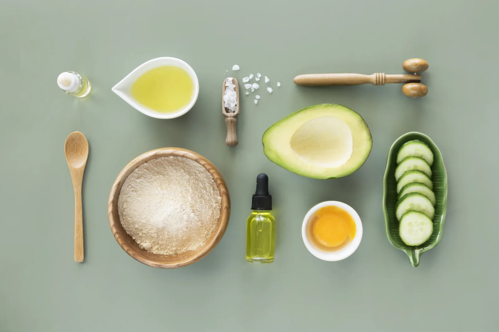Arrangement of avocado and cucumber products