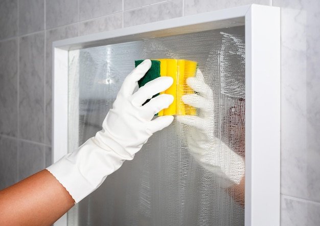 Bathroom mirror cleaning process Hand in a white latex glove with a yellow sponge in it