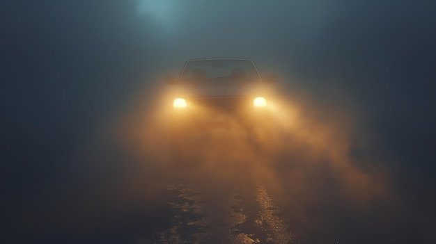 The car is driving through the thick fog The headlights are on and the car is moving slowly
