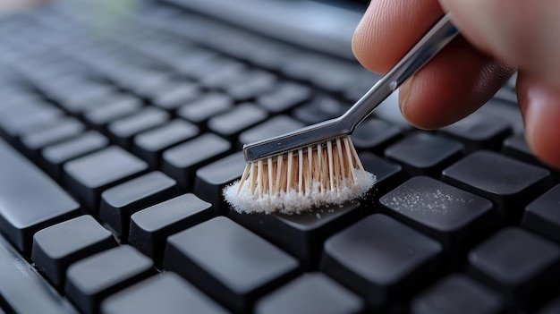 Cleaning a computer keyboard using a small brush and gentle motions during the afternoon