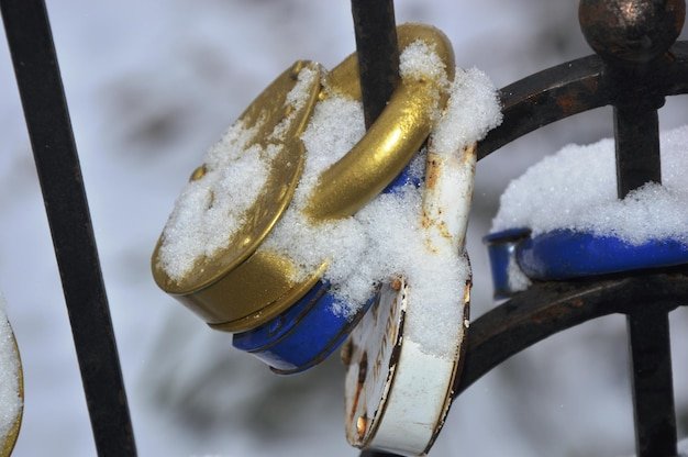 Close-up of frozen rusty metal during winter