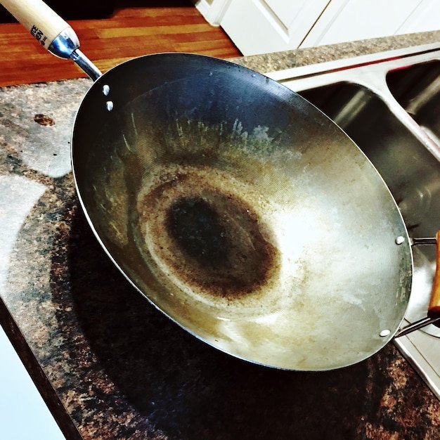 Close-up high angle view of empty pan