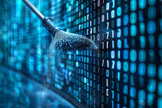 CloseUp Digital Art of Broom Sweeping Dust from Screen with Vibrant Blue Binary Code Background