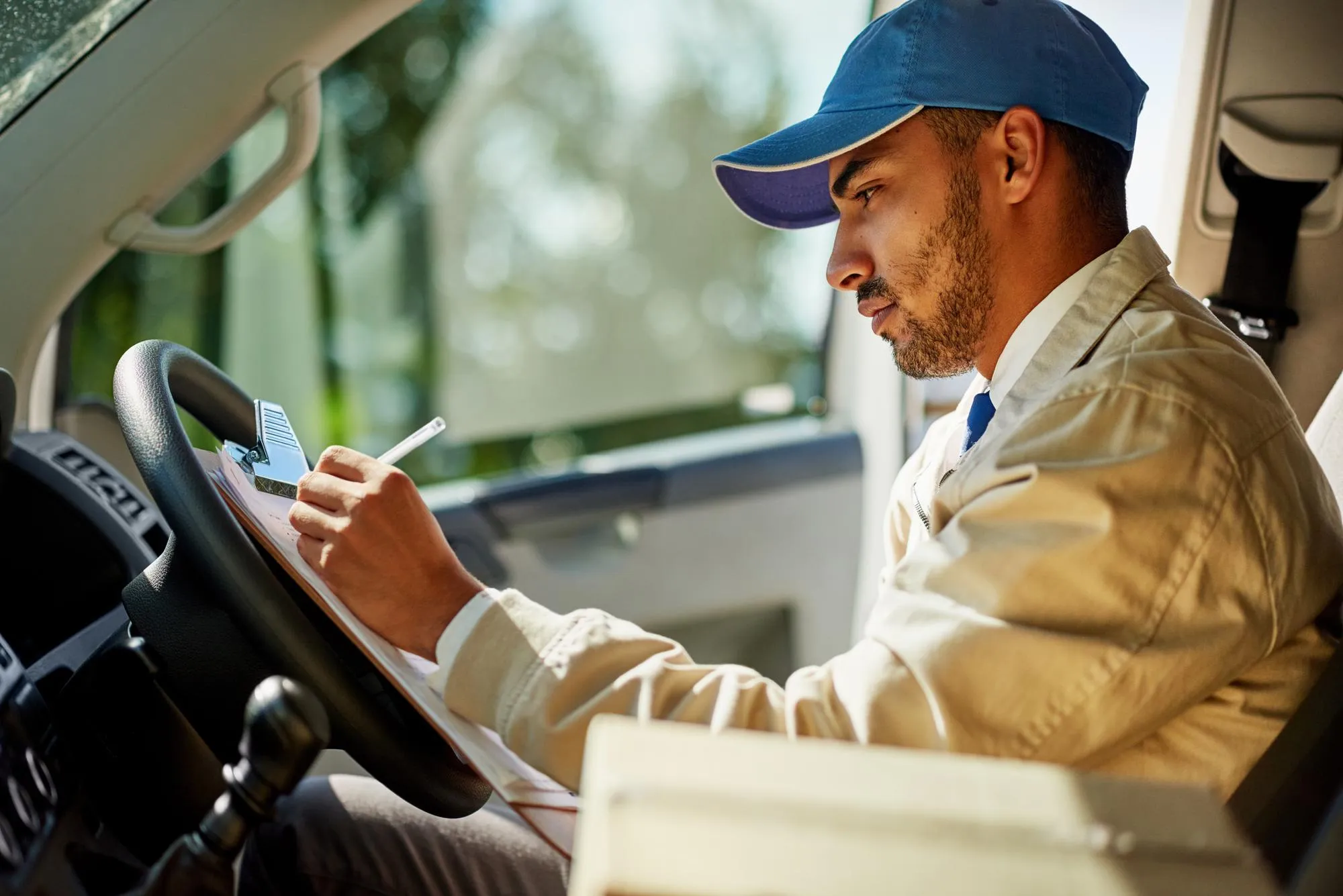 Delivery man courier transport or van with clipboard for shipping transportation service and distribution Male person vehicle and pen for online shopping order or logistics worker box or mail