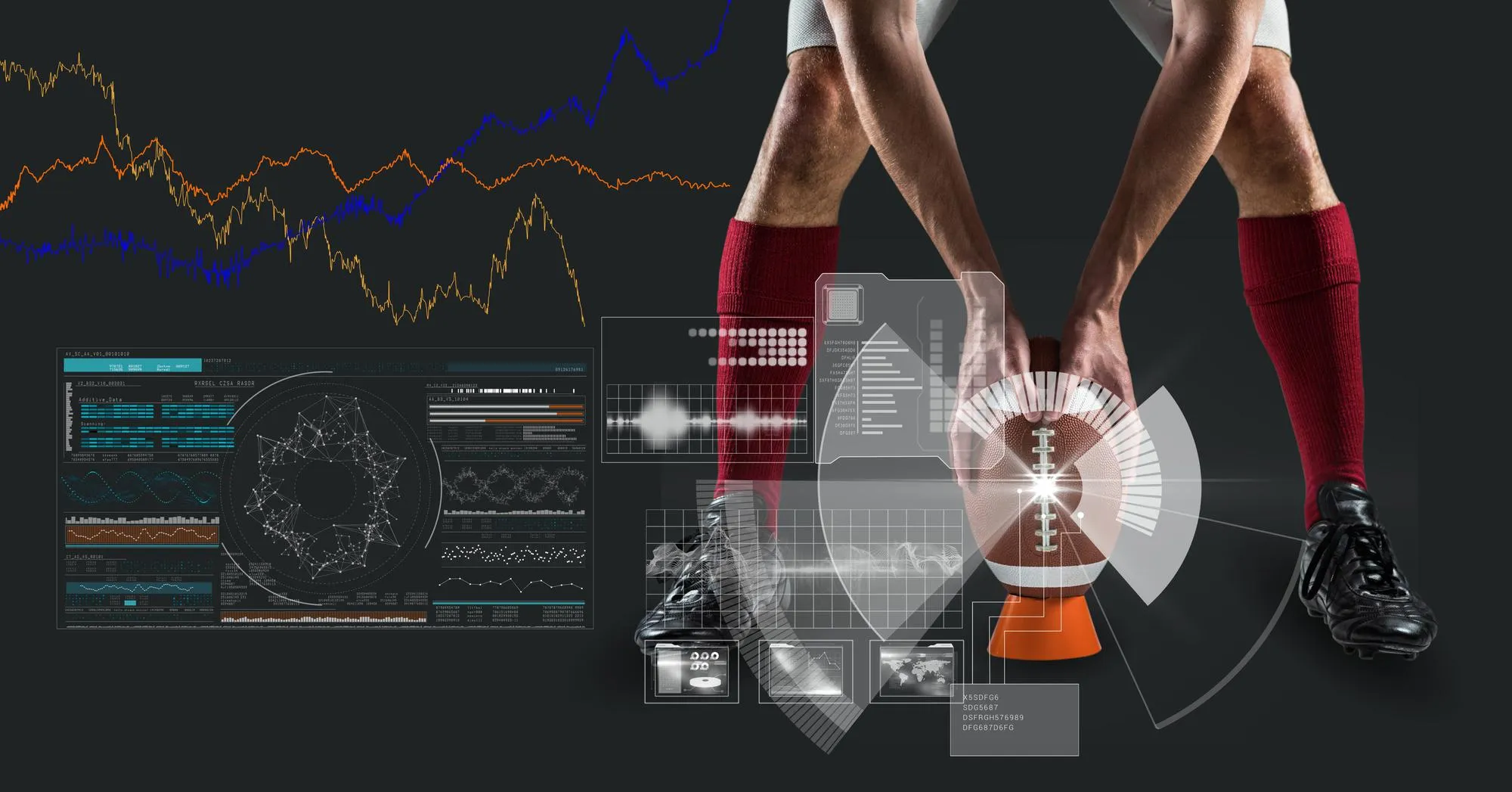 Digital interface with data processing against mid section of male rugby player holding a rugby ball