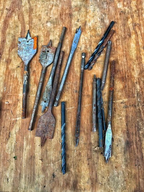 Directly above shot of equipment on wooden table
