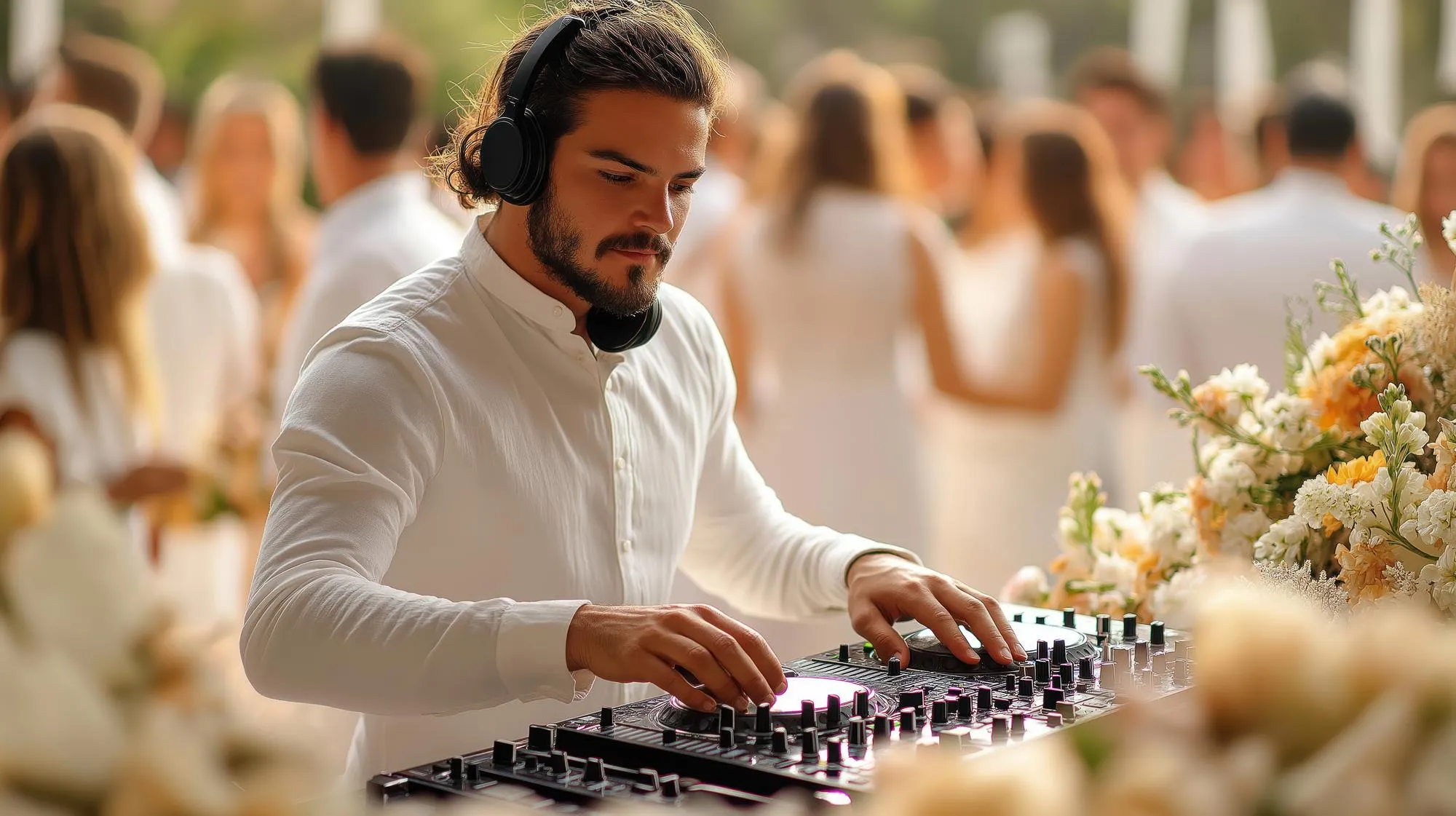 DJ in white shirt mixes music at outdoor party Many guests in white wear elegant outfits Flowers