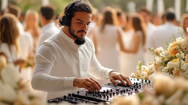DJ in white shirt mixes music at outdoor party Many guests in white wear elegant outfits Flowers