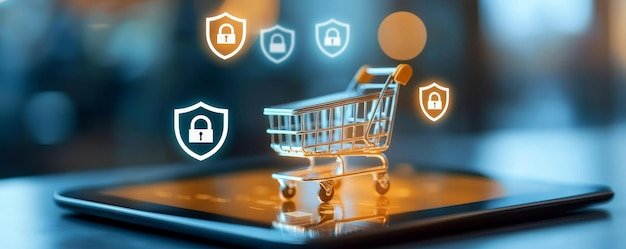 Ecommerce platform security concept Online shopping with security icons and a shopping cart