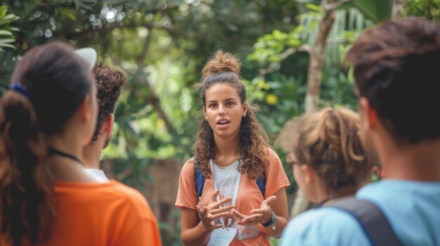 a girl with a backpack talking to a group of other people