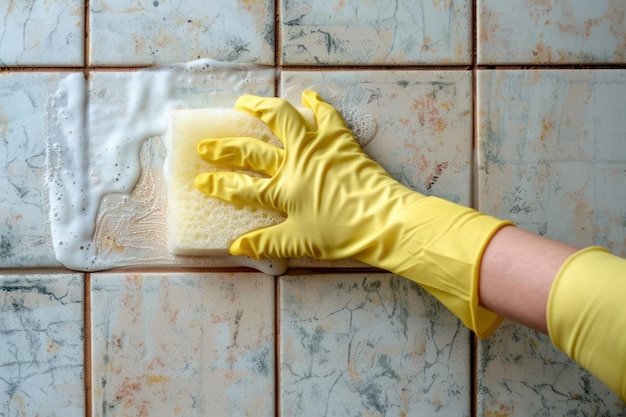 Hand in a rubber glove sponges the tiles in the bathroom Creative concept of house cleaning tile cleaner