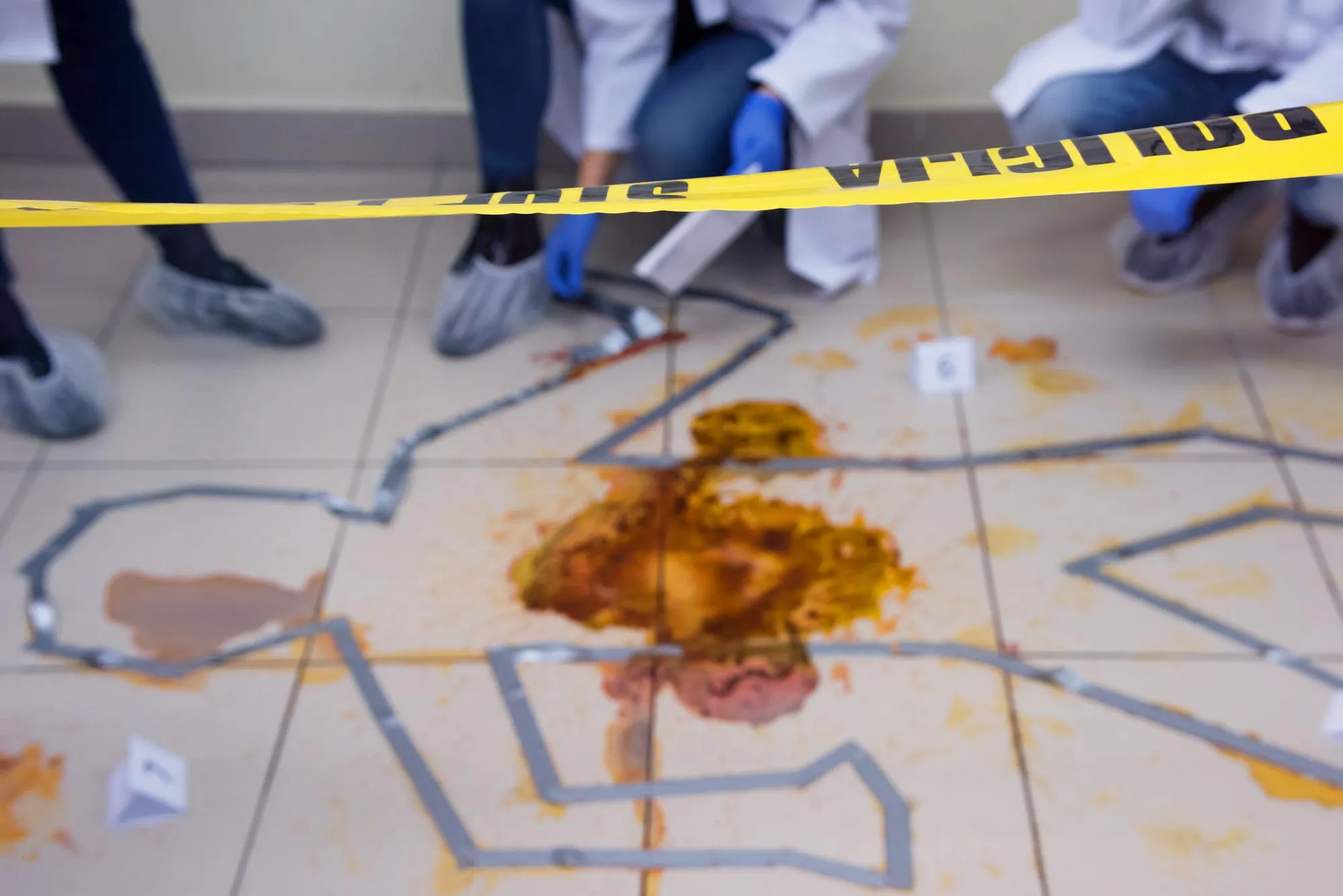 High angle view of people on tiled floor