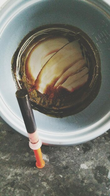 High angle view of tibetan meditation bowl on floor