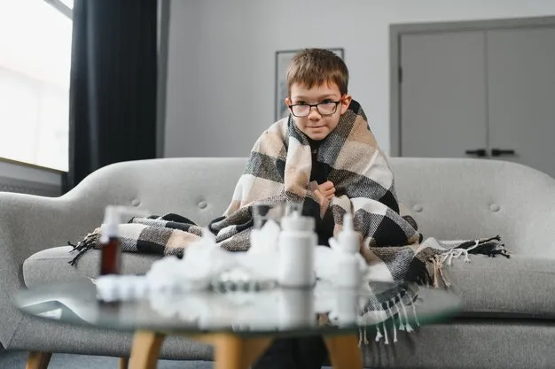 little child boy is sick A thick scarf is wrapped around her neck Treatment of colds and flu sick child boy