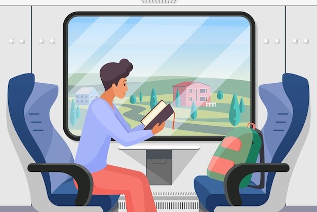 Man traveling alone in train compartment male passenger sitting by window to read book