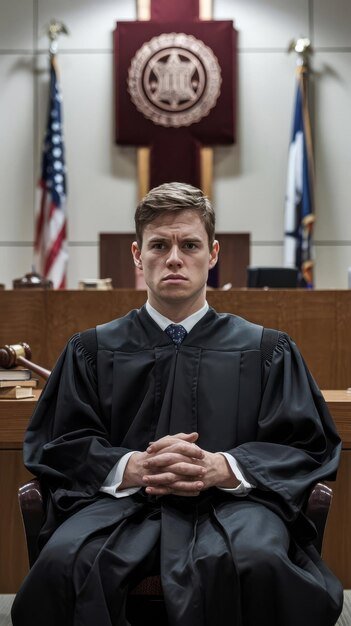 Present your case serious young judge sitting in the courtroom with a stern facial expression