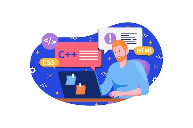 Programming software blue concept with people scene in the flat cartoon design Programmer work