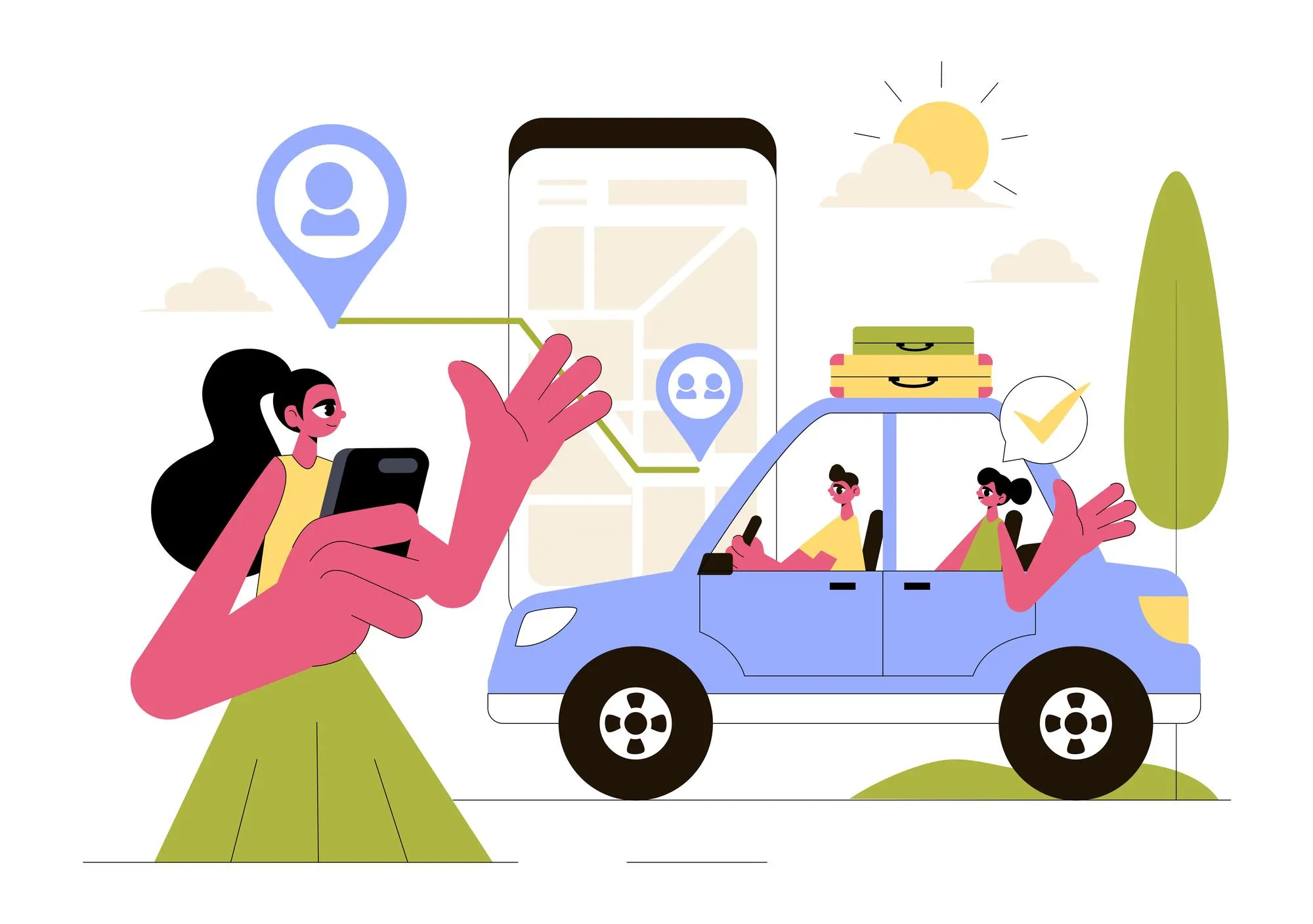 Ride Sharing Vector Illustration Featuring Shared Transportation Services Using Vehicles to Transport Passengers from One Place to Another