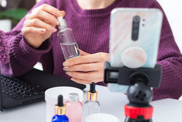 Serum in beauty blogger female hands. Beautician online video content recording, live broadcast review on cosmetic products. Cosmetology training, skin care tutorial for dermatologist