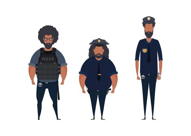 Set Police officer in uniform standing in front view Profession people concept Job at police station Vector
