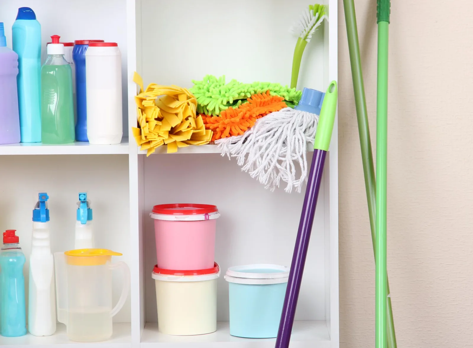 Shelves in pantry with cleaners for home closeup