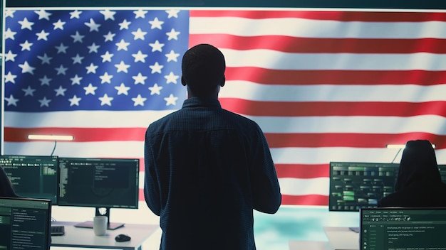 A technical team in a governmental cyber environment with the USA flag