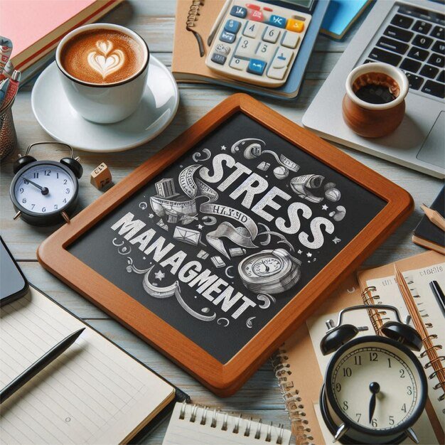 Text Stress Management over table with calendar alarm clock notebooks and cup of coffee stock phot