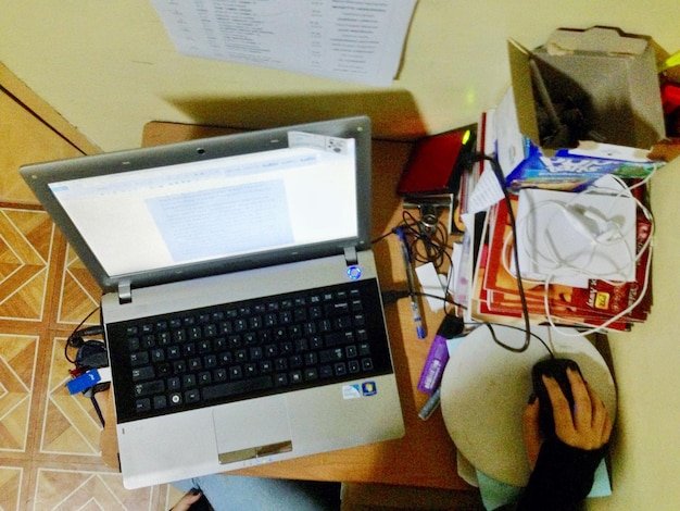 View of books on desk
