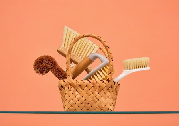 Wicker basket with various cleaning supplies Household cleaning routine
