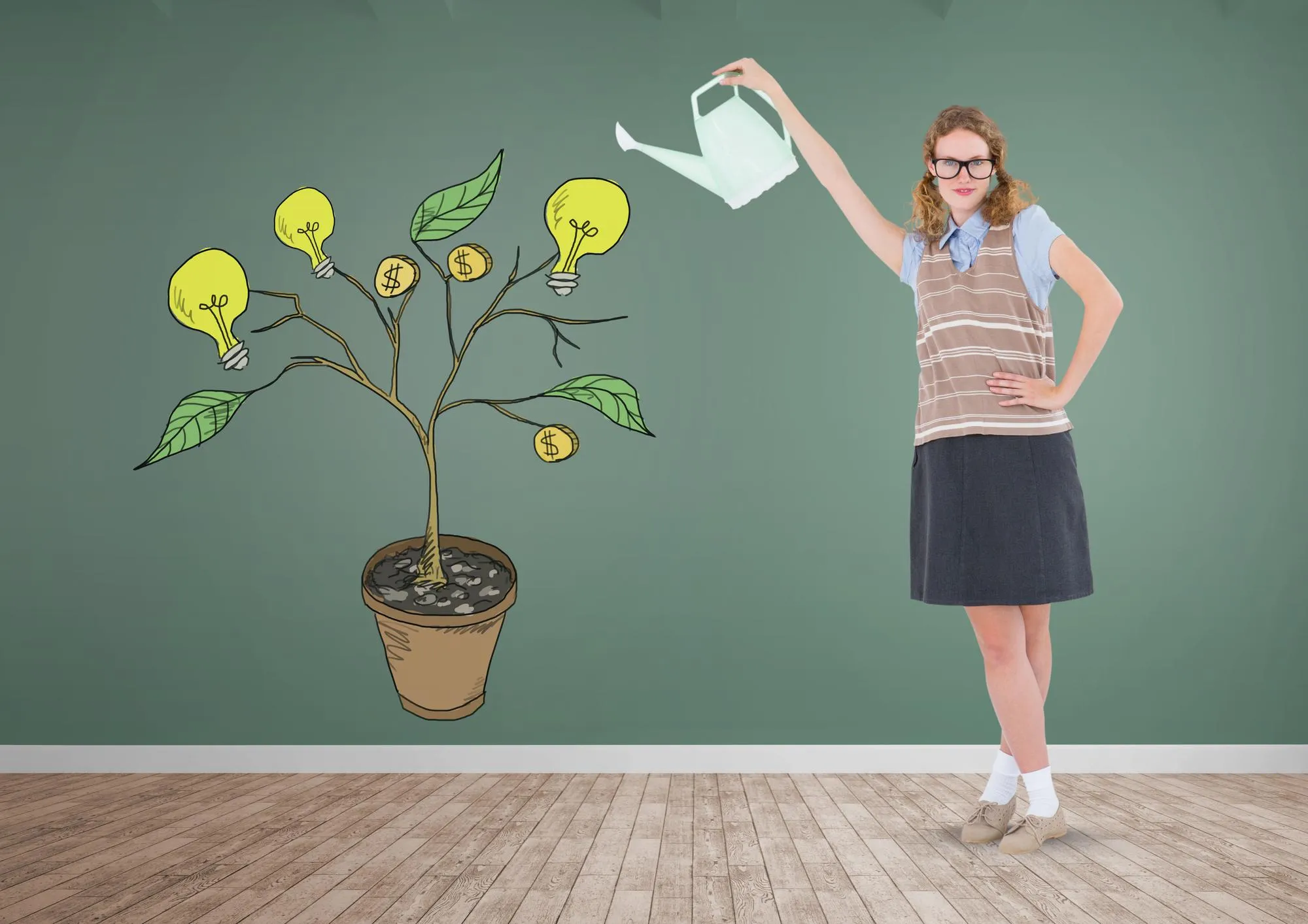 Woman holding watering can and Drawing of Money and idea graphics on plant branches on wall