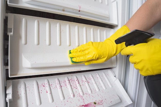 A woman in latex gloves with a sponge and a spray gun cleans the freezer s space for text