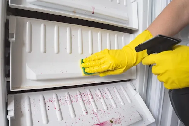 A woman in latex gloves with a sponge and a spray gun cleans the freezer s space for text