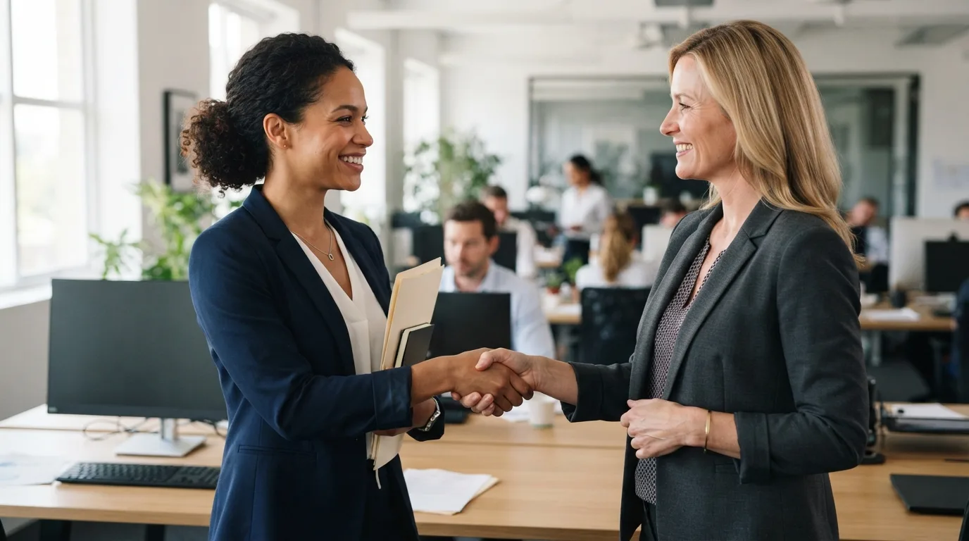 a woman receiving a handshake from her manager in an office