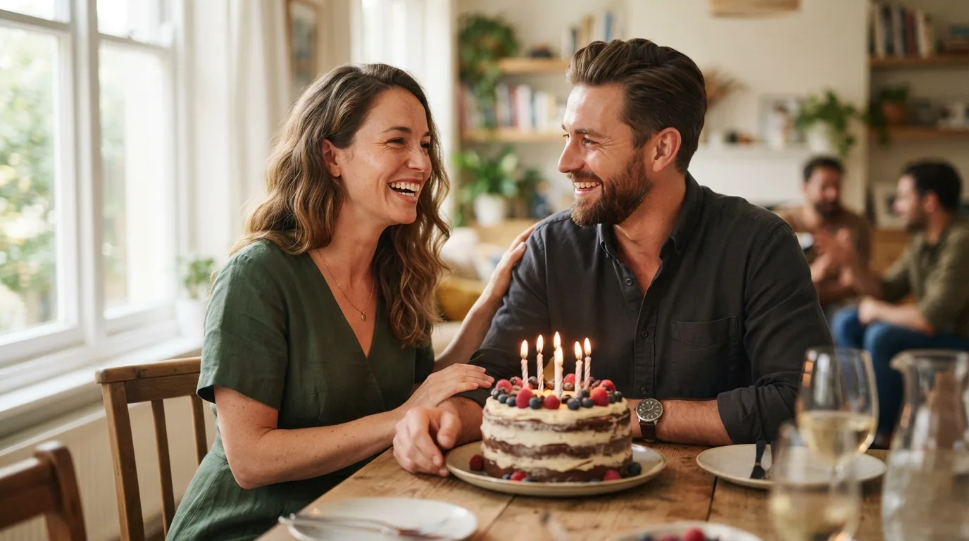 a smiling couple with a birthday cake