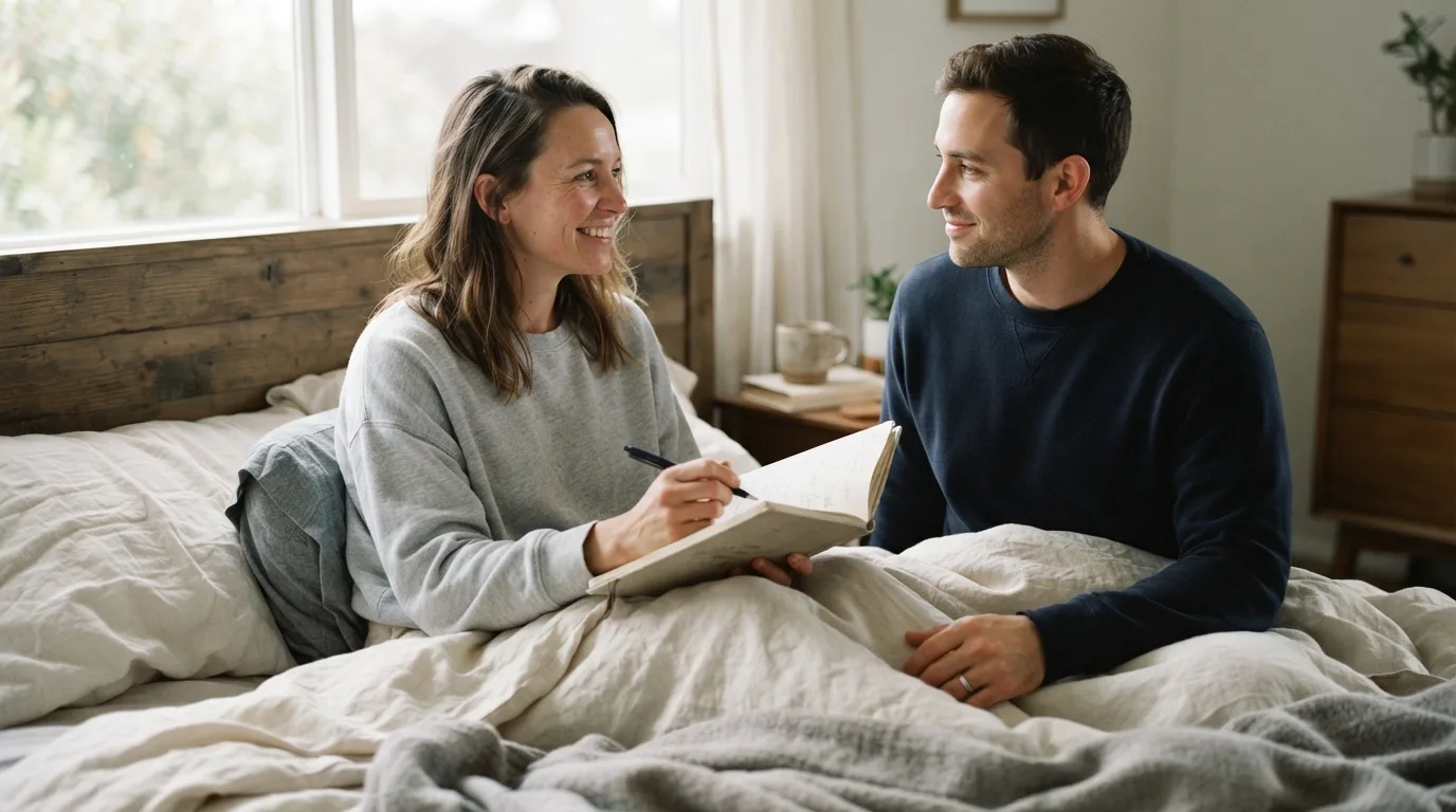 a couple sitting in bed, one holding a notebook and pen