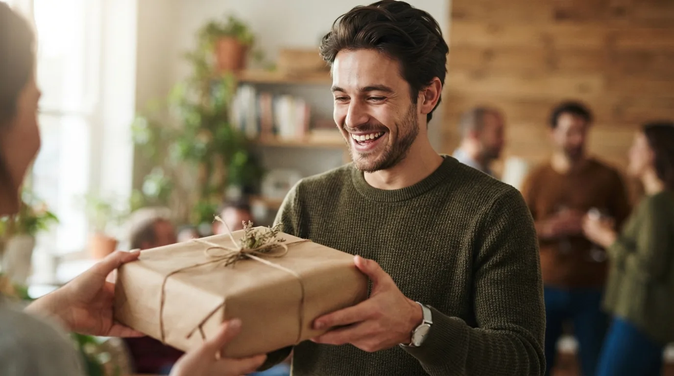 a young man smiling while receiving a gift