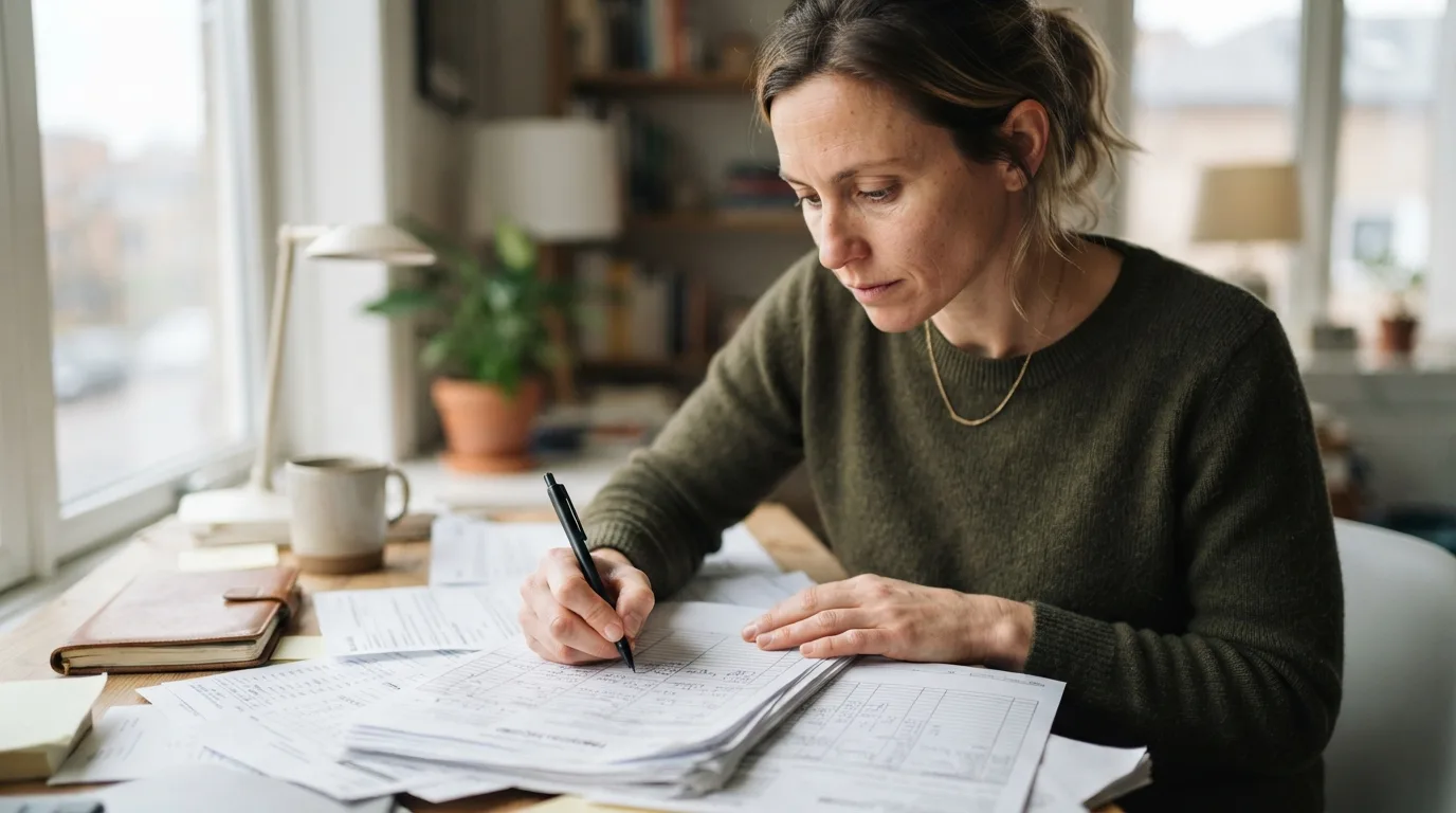 a person filling out financial documents at a desk
