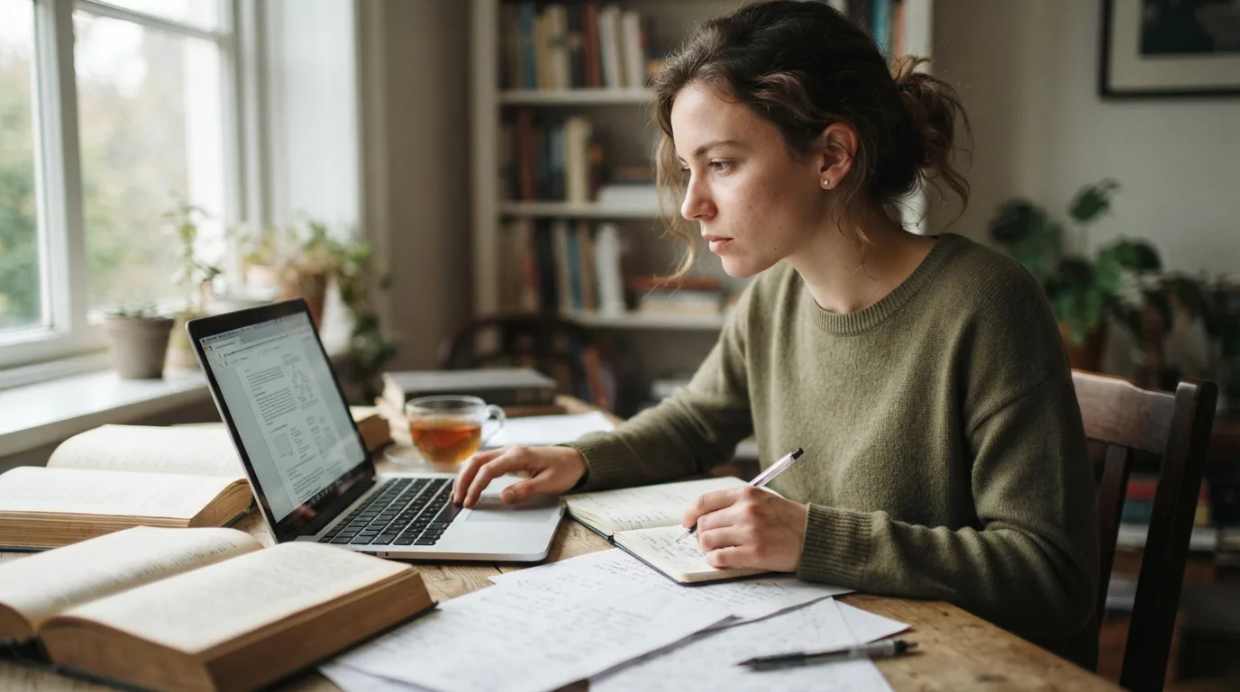 a person studying at a laptop with books and notes