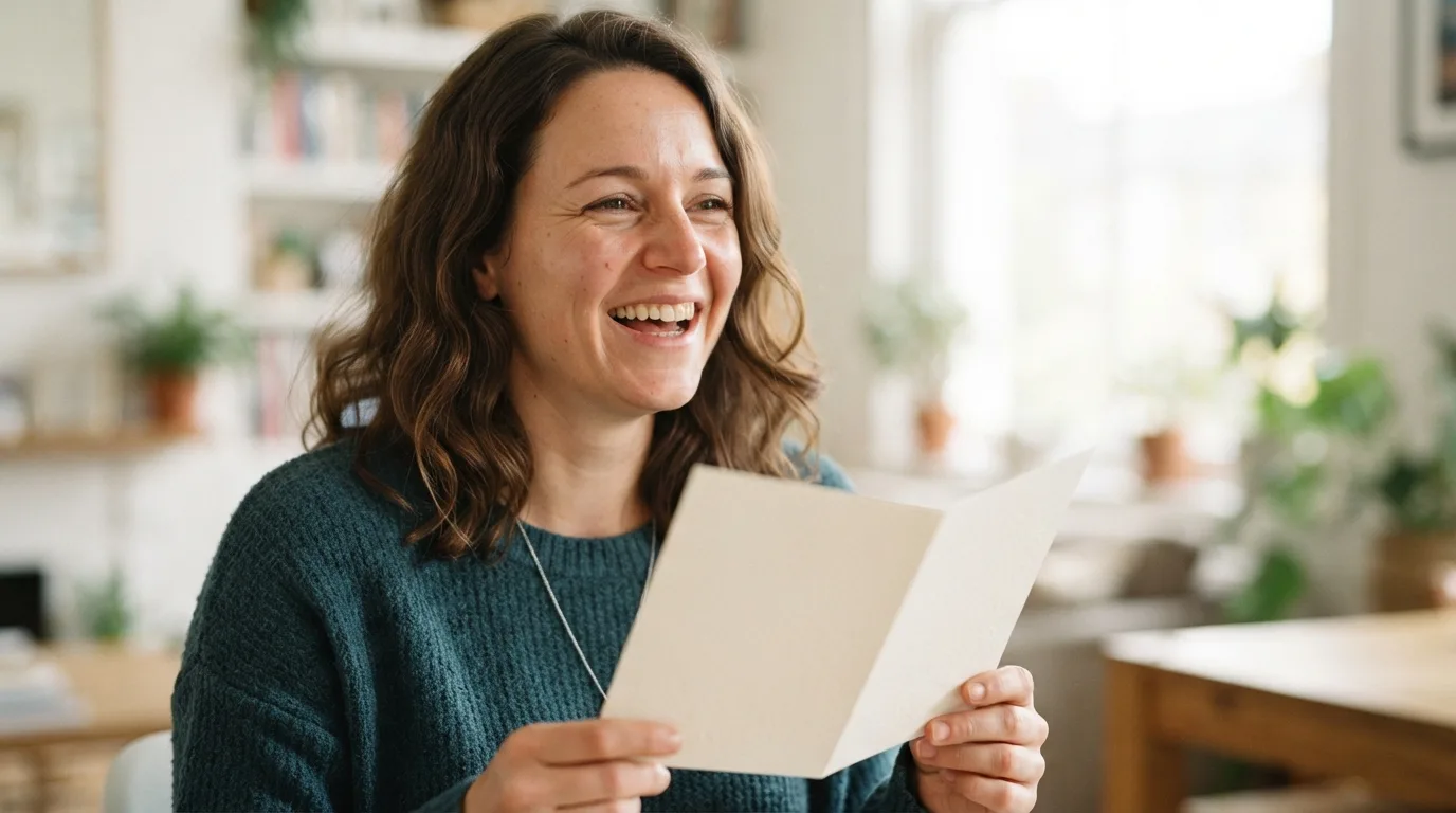 a woman laughing while holding a greeting card