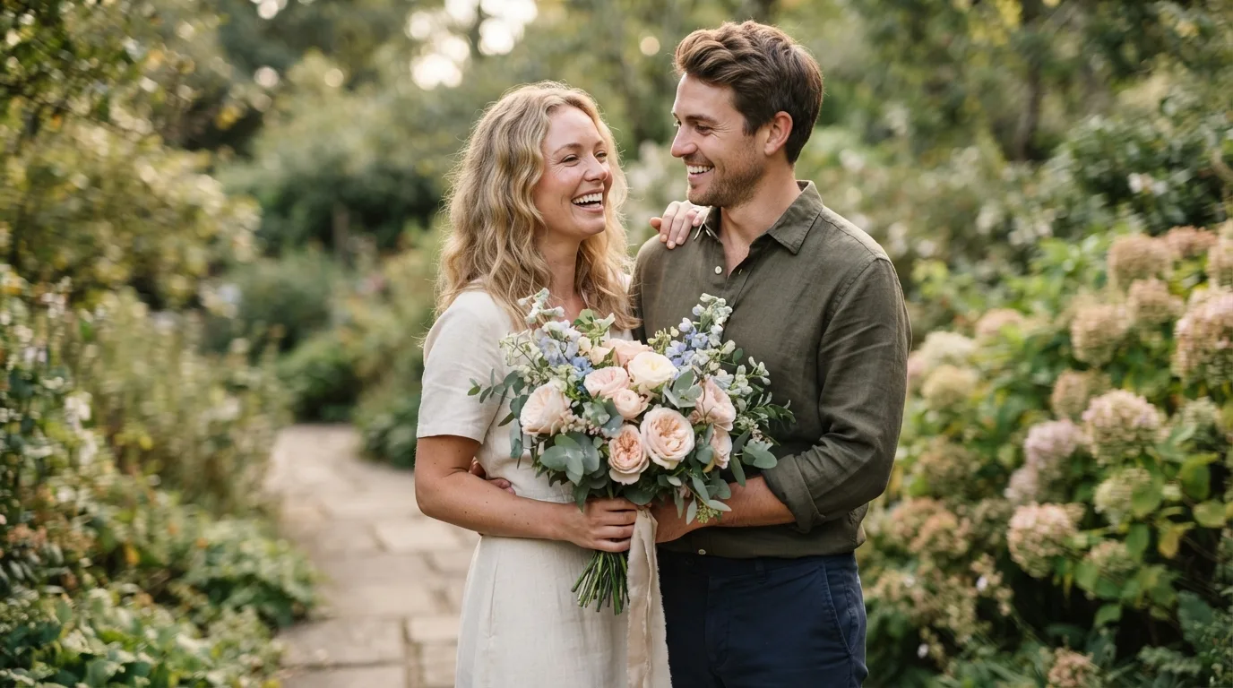 a smiling couple holding a bouquet of flowers