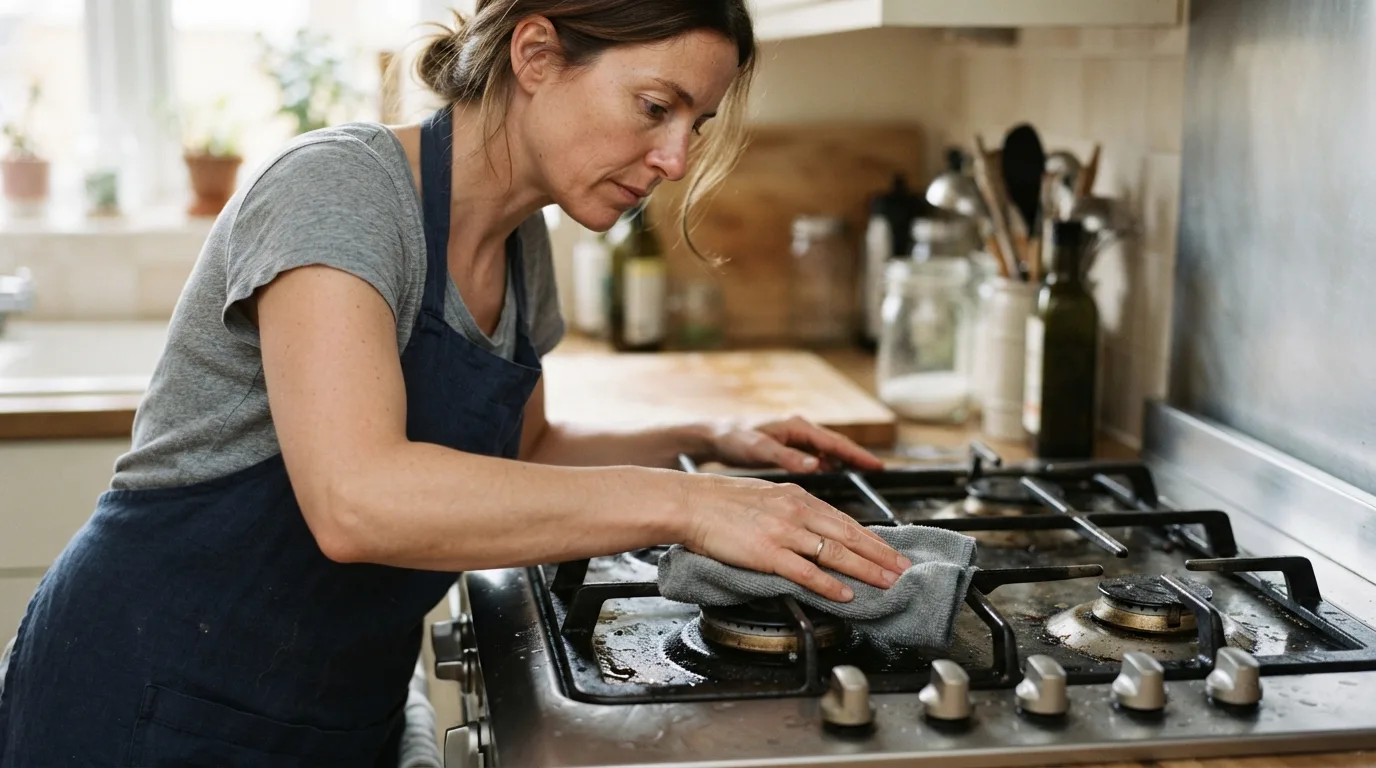 a person cleaning a kitchen gas stove