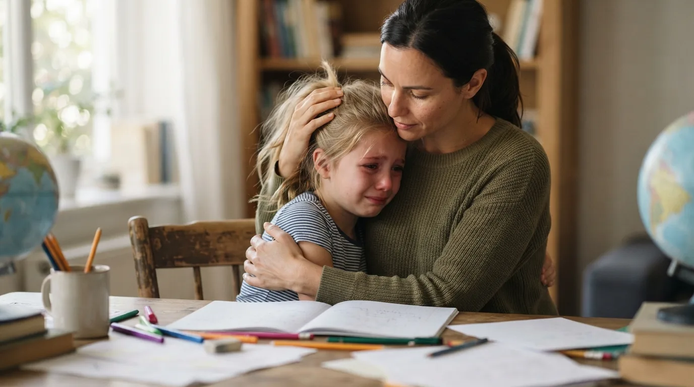 a parent comforting a child at a desk with school supplies