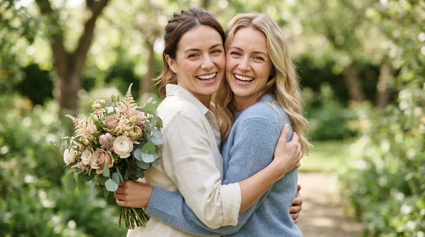 two women smiling and embracing, one holding a bouquet of flowers