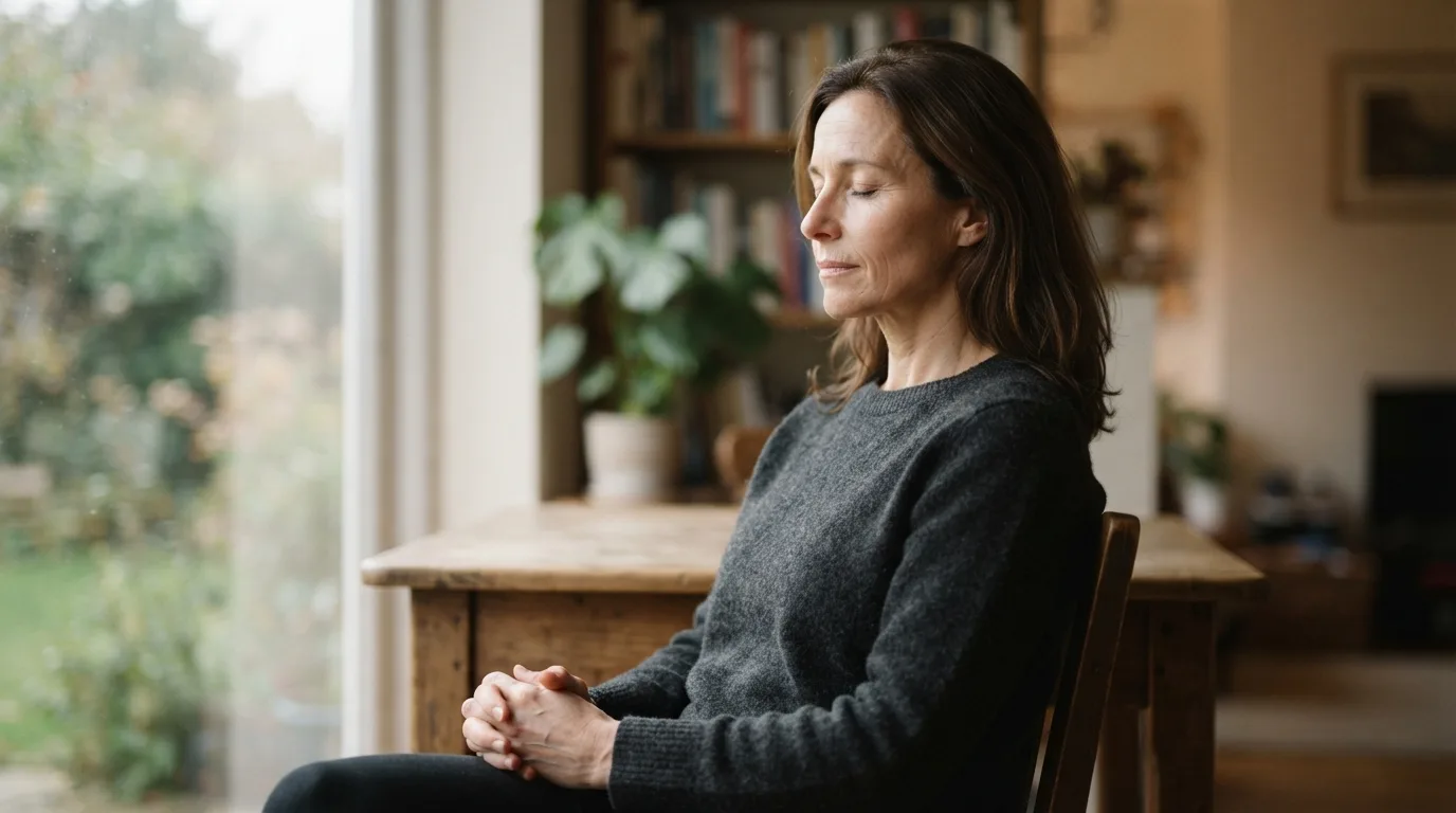 a person sitting calmly with eyes closed, reflecting