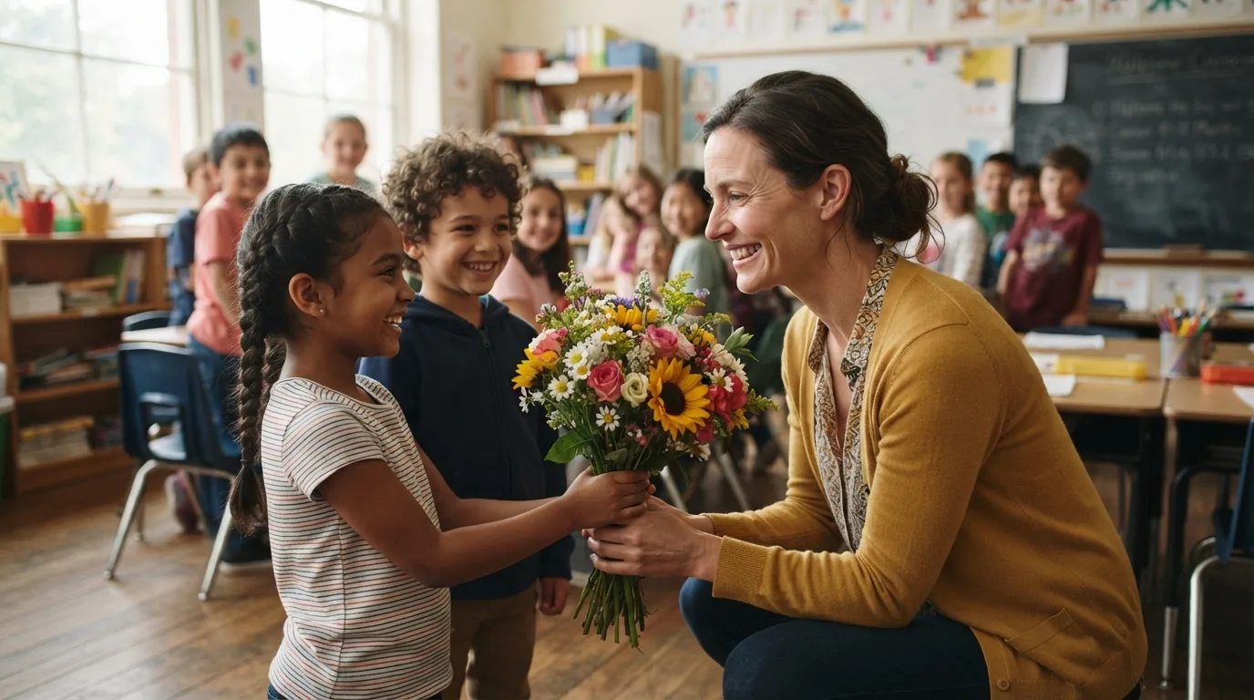 a teacher receiving flowers from students in a classroom